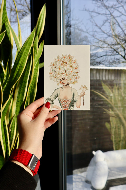 Kaart: vrouw met witte bloemen